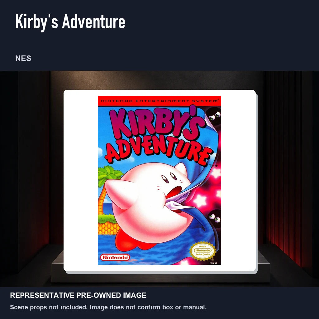 Representative pre-owned Kirby's Adventure (NES), product image on a display panel.