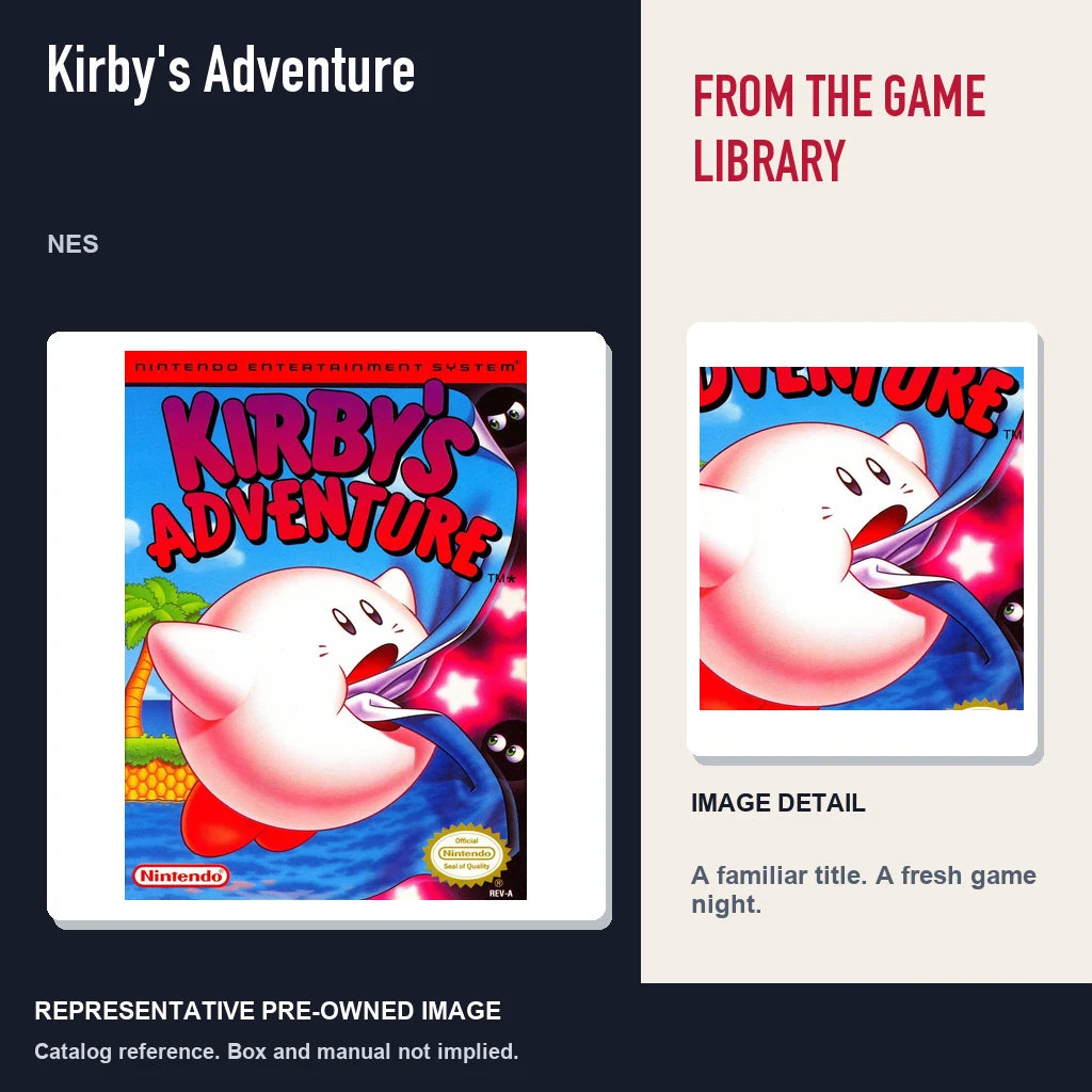 Representative pre-owned Kirby's Adventure (NES), editorial image and detail.