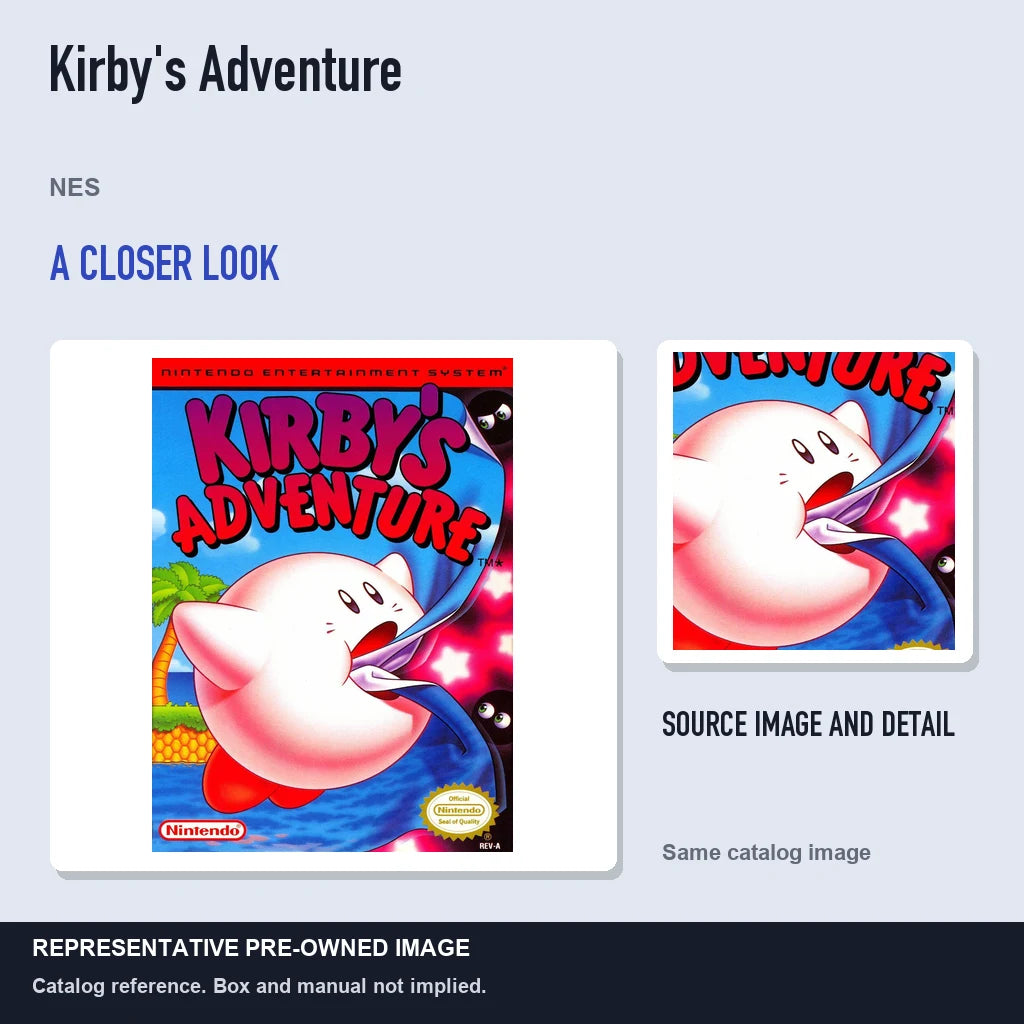 Representative pre-owned Kirby's Adventure (NES), full image with detail inset.