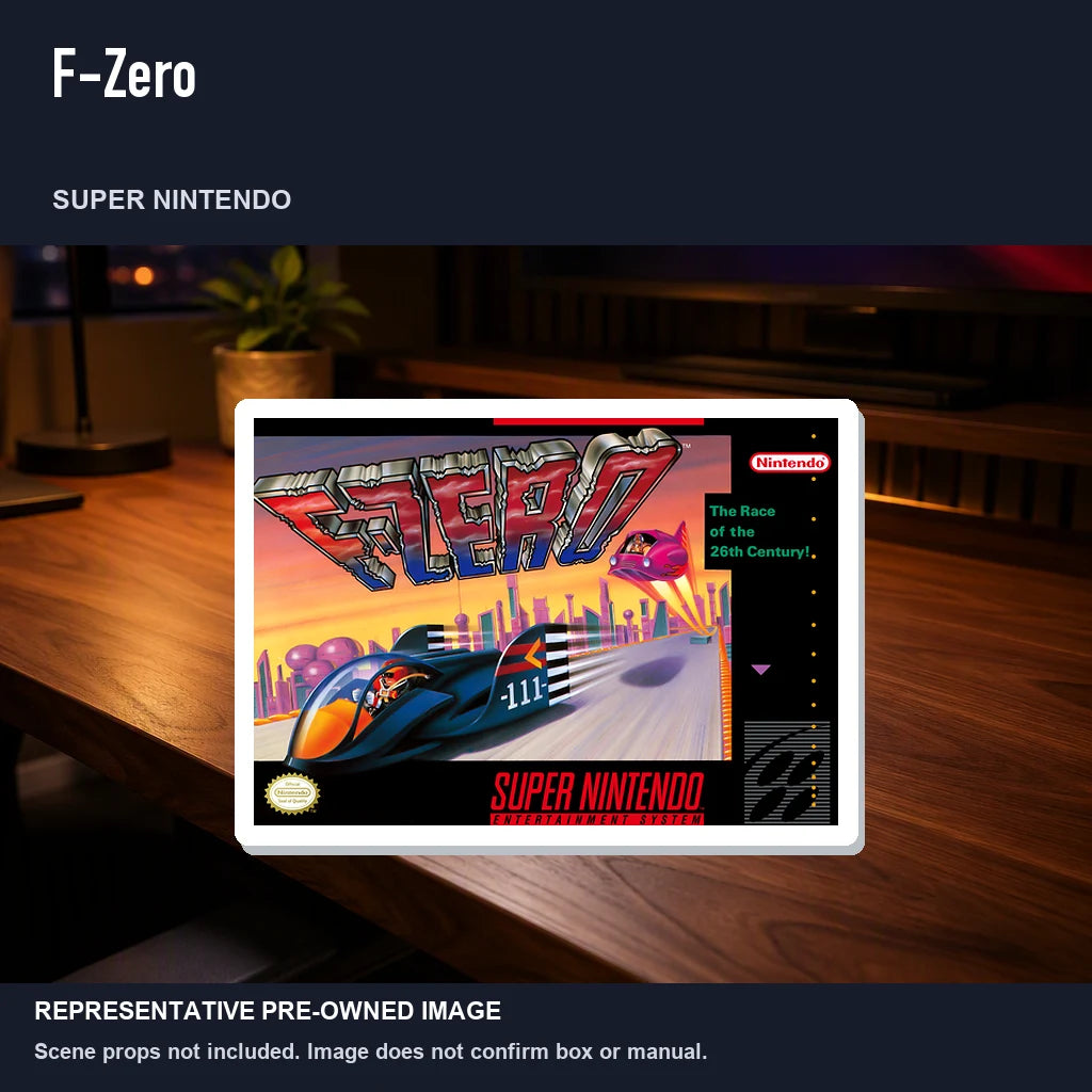 Representative pre-owned F-Zero (Super Nintendo), product image in a styled desk scene.