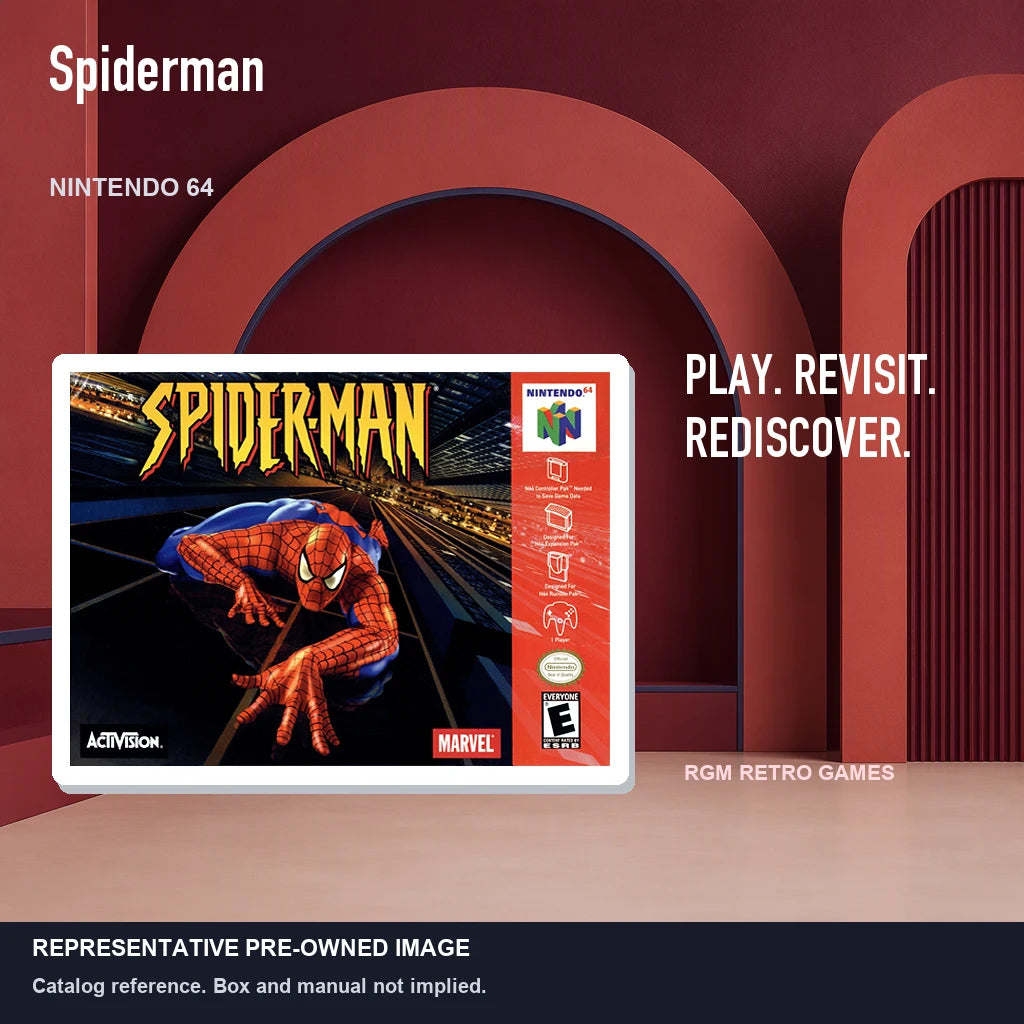 Representative pre-owned Spiderman (Nintendo 64), red retro product layout.