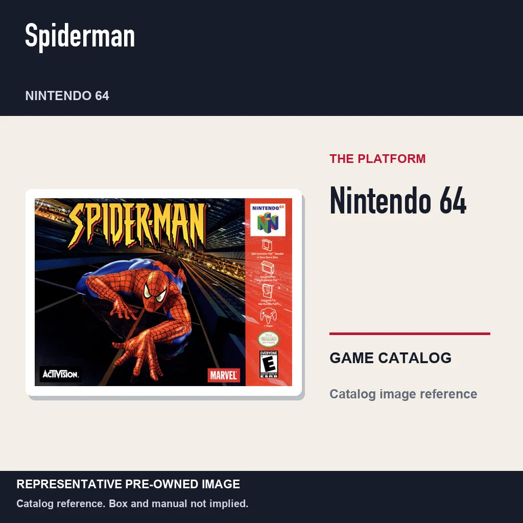Representative pre-owned Spiderman (Nintendo 64), platform product layout.