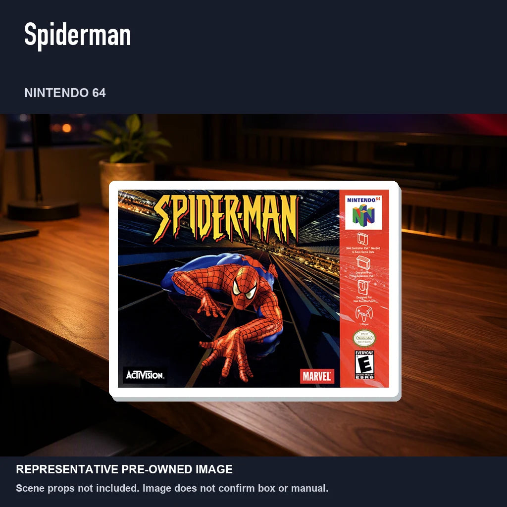 Representative pre-owned Spiderman (Nintendo 64), product image in a styled desk scene.