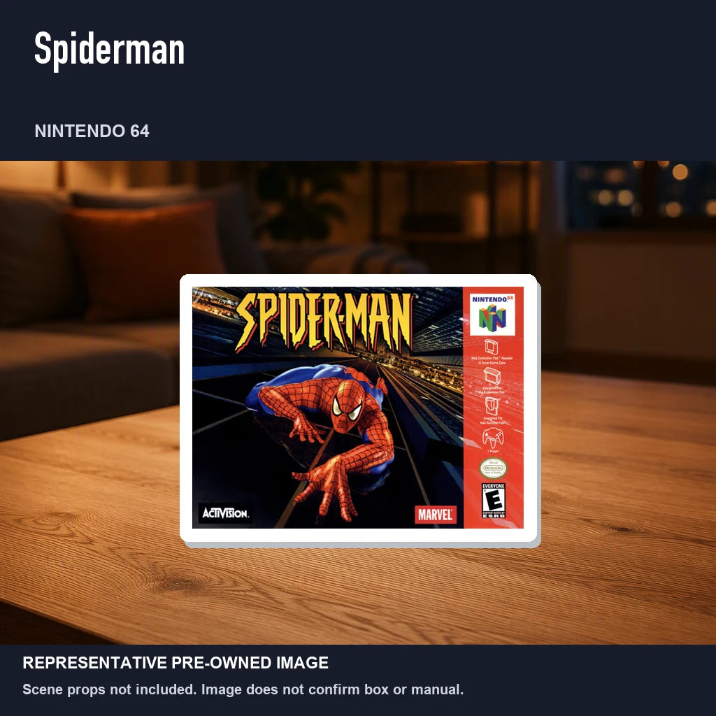 Representative pre-owned Spiderman (Nintendo 64), product image in a styled room scene.