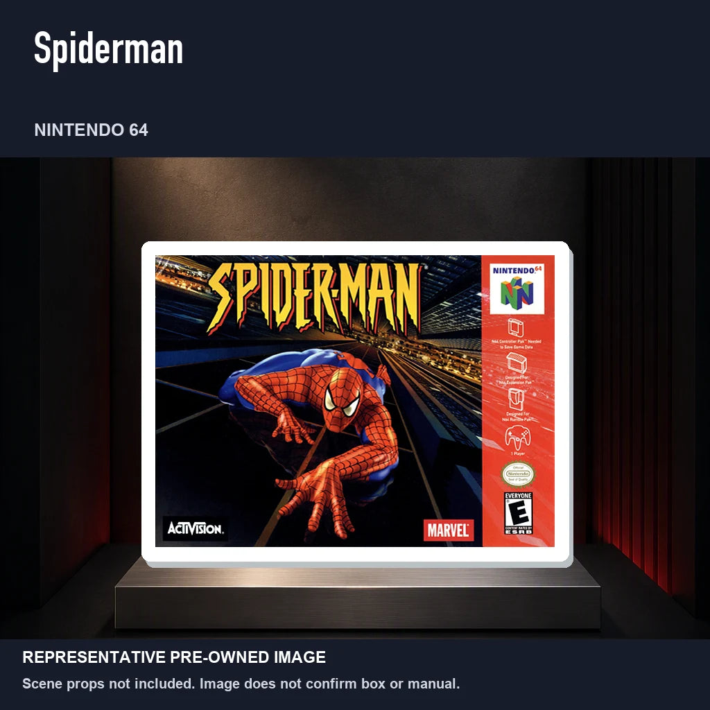 Representative pre-owned Spiderman (Nintendo 64), product image on a display panel.