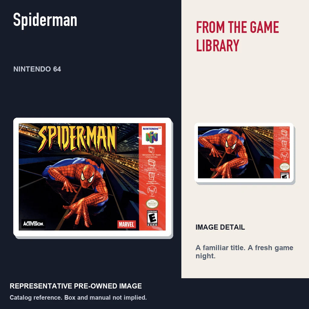 Representative pre-owned Spiderman (Nintendo 64), editorial image and detail.