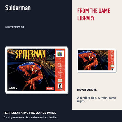 Representative pre-owned Spiderman (Nintendo 64), editorial image and detail.