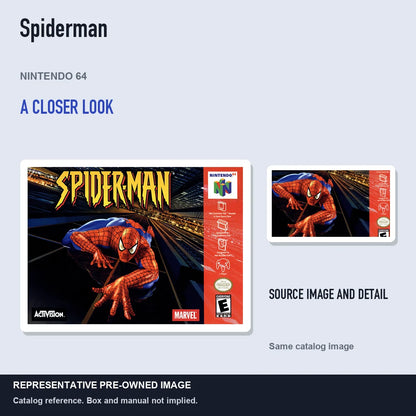 Representative pre-owned Spiderman (Nintendo 64), full image with detail inset.