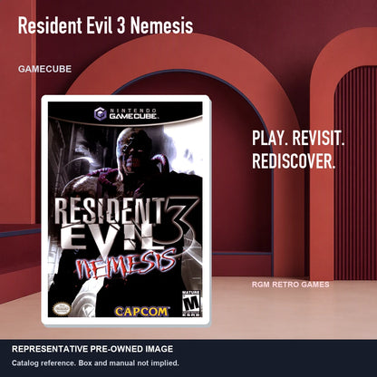 Representative pre-owned Resident Evil 3 Nemesis (GameCube), red retro product layout.