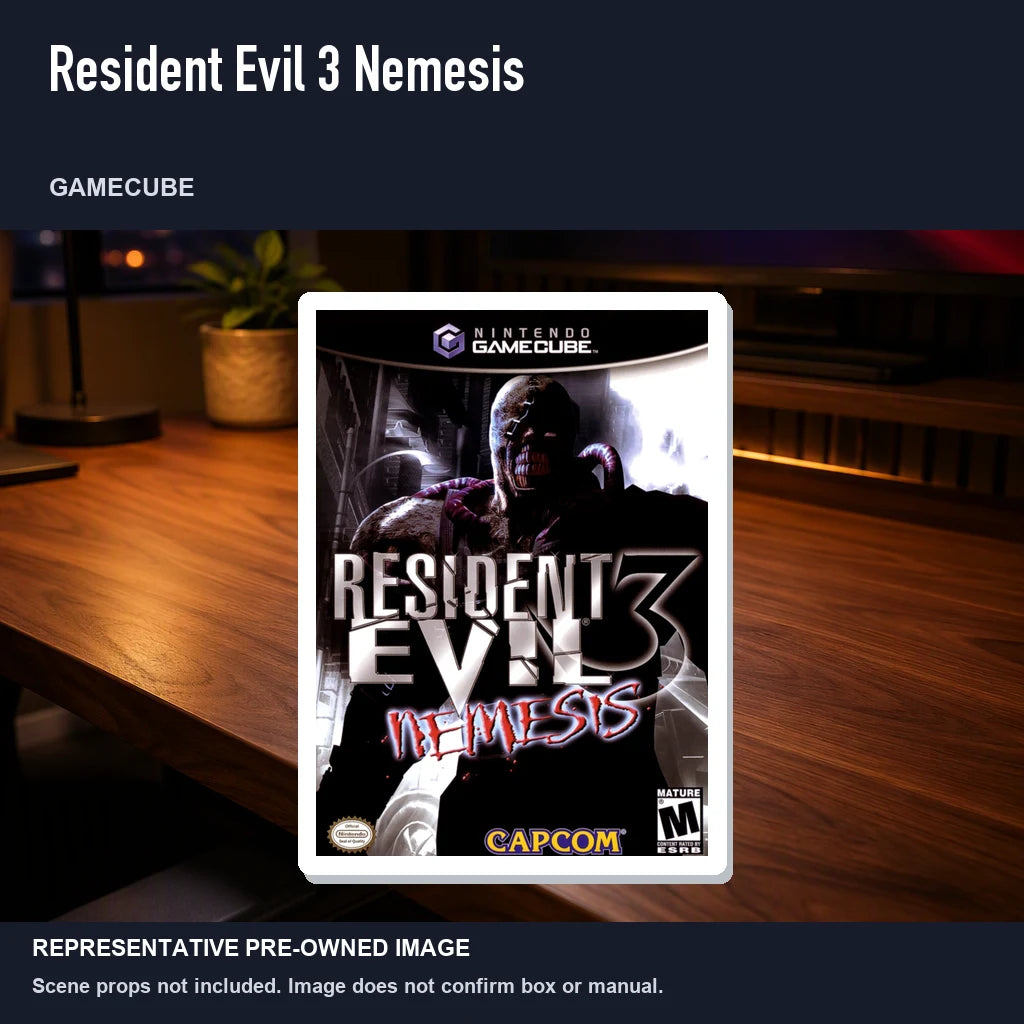 Representative pre-owned Resident Evil 3 Nemesis (GameCube), product image in a styled desk scene.