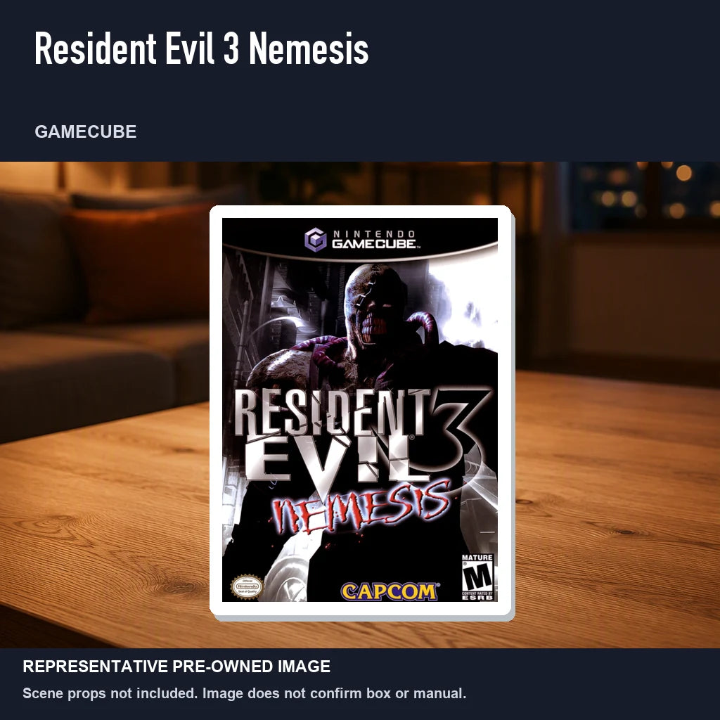 Representative pre-owned Resident Evil 3 Nemesis (GameCube), product image in a styled room scene.