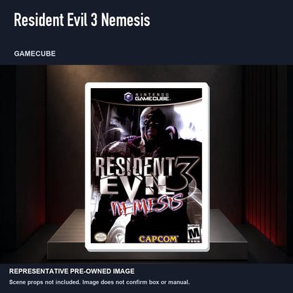 Representative pre-owned Resident Evil 3 Nemesis (GameCube), product image on a display panel.