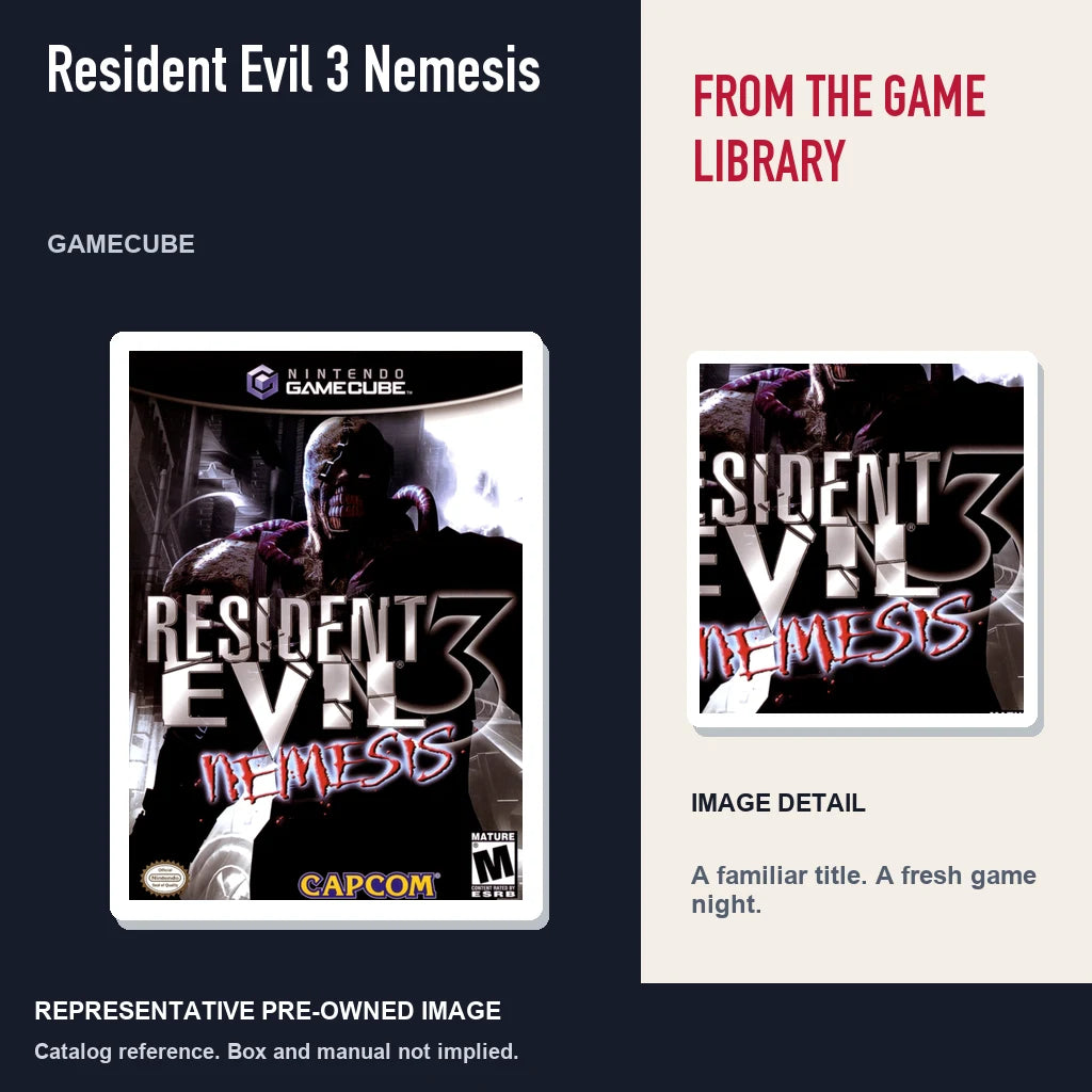 Representative pre-owned Resident Evil 3 Nemesis (GameCube), editorial image and detail.