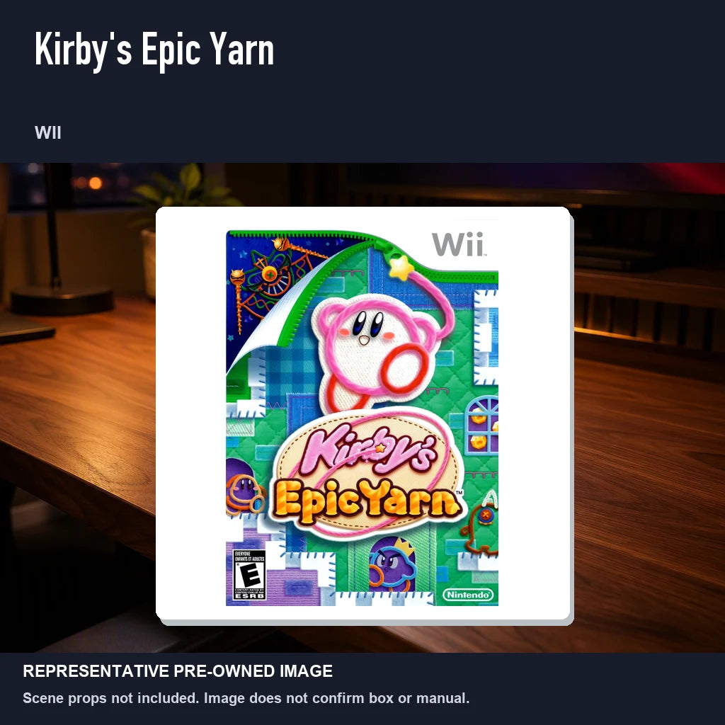 Representative pre-owned Kirby's Epic Yarn (Wii), product image in a styled desk scene.