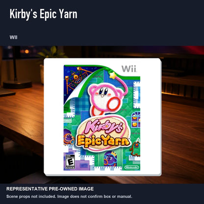 Representative pre-owned Kirby's Epic Yarn (Wii), product image in a styled desk scene.