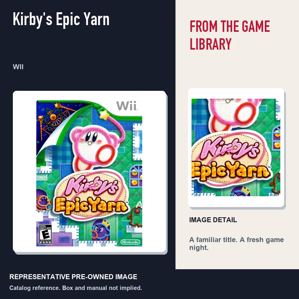 Representative pre-owned Kirby's Epic Yarn (Wii), editorial image and detail.