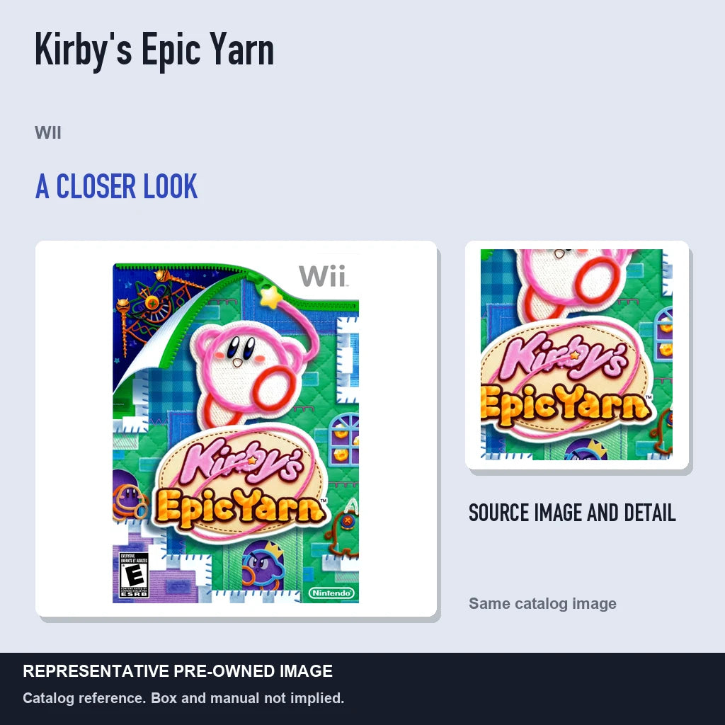 Representative pre-owned Kirby's Epic Yarn (Wii), full image with detail inset.