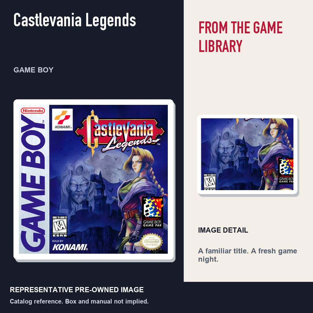 Representative pre-owned Castlevania Legends (Game Boy), editorial image and detail.