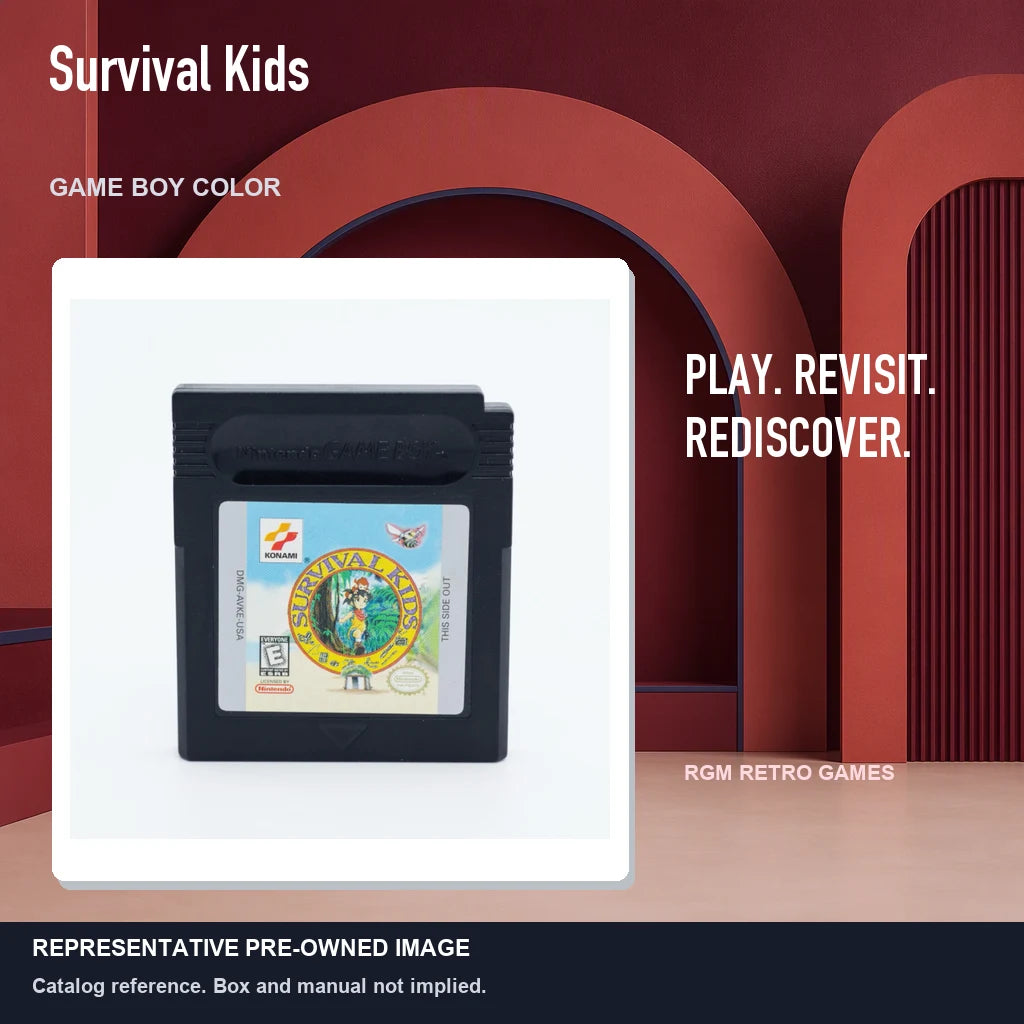 Representative pre-owned Survival Kids (Game Boy Color), red retro product layout.