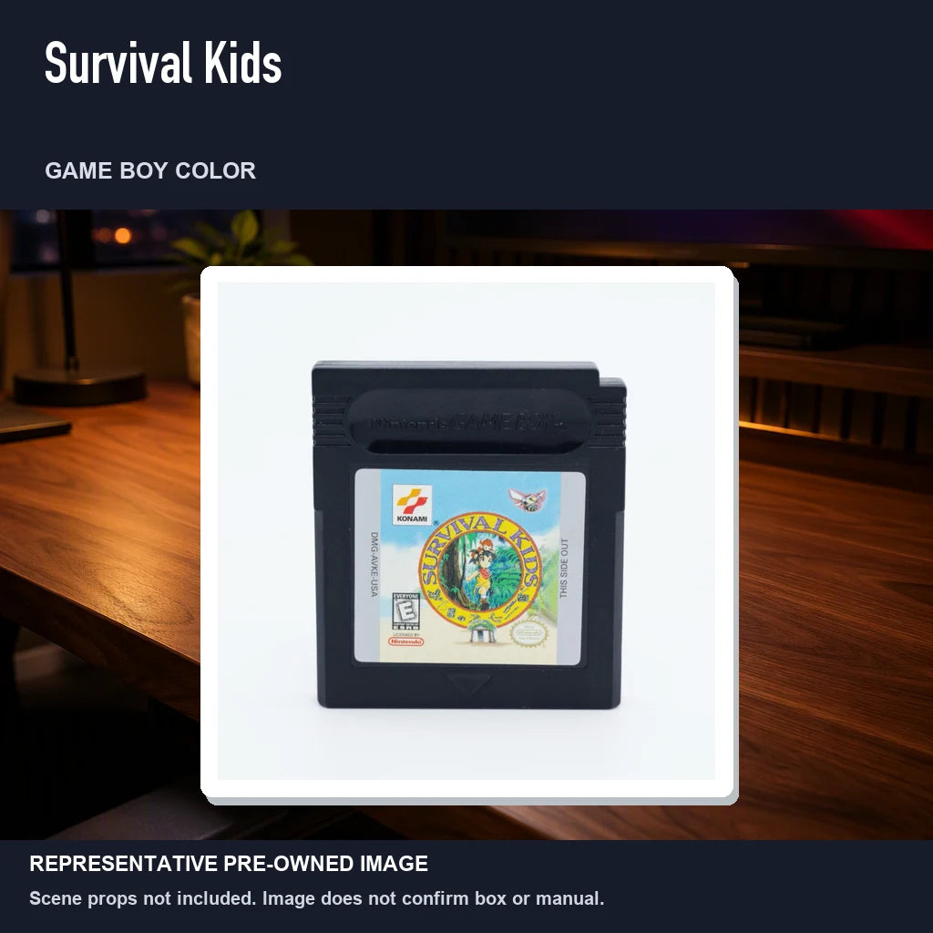 Representative pre-owned Survival Kids (Game Boy Color), product image in a styled desk scene.