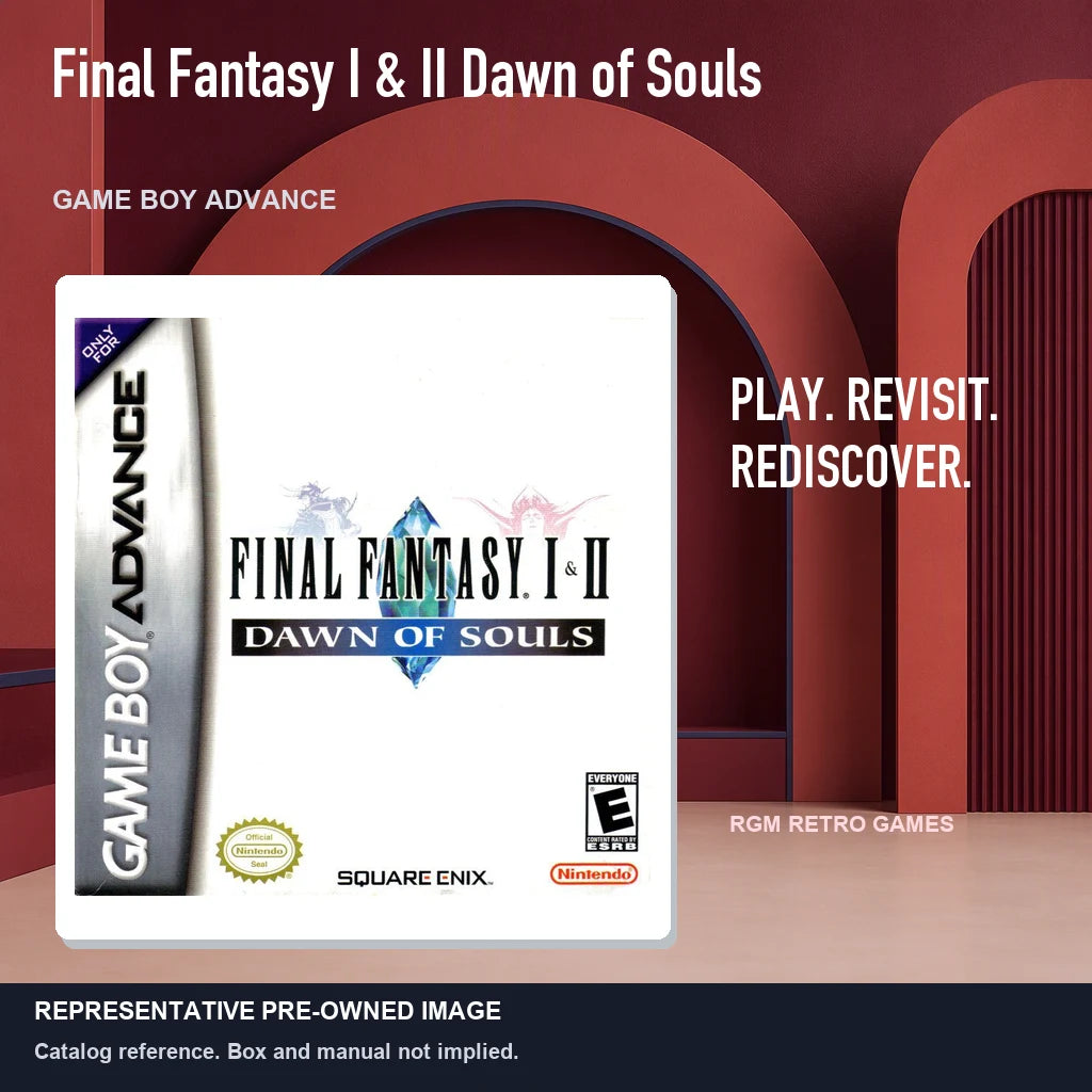 Representative pre-owned Final Fantasy I & II Dawn of Souls (Game Boy Advance), red retro product layout.