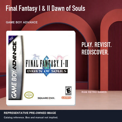 Representative pre-owned Final Fantasy I & II Dawn of Souls (Game Boy Advance), red retro product layout.