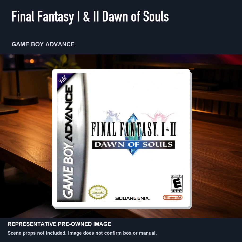 Representative pre-owned Final Fantasy I & II Dawn of Souls (Game Boy Advance), product image in a styled desk scene.