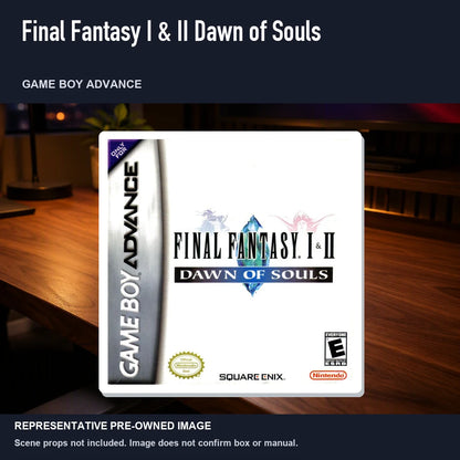 Representative pre-owned Final Fantasy I & II Dawn of Souls (Game Boy Advance), product image in a styled desk scene.