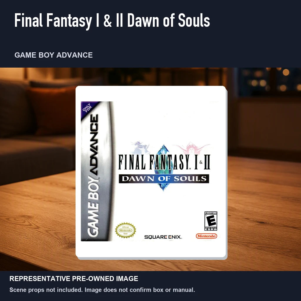 Representative pre-owned Final Fantasy I & II Dawn of Souls (Game Boy Advance), product image in a styled room scene.