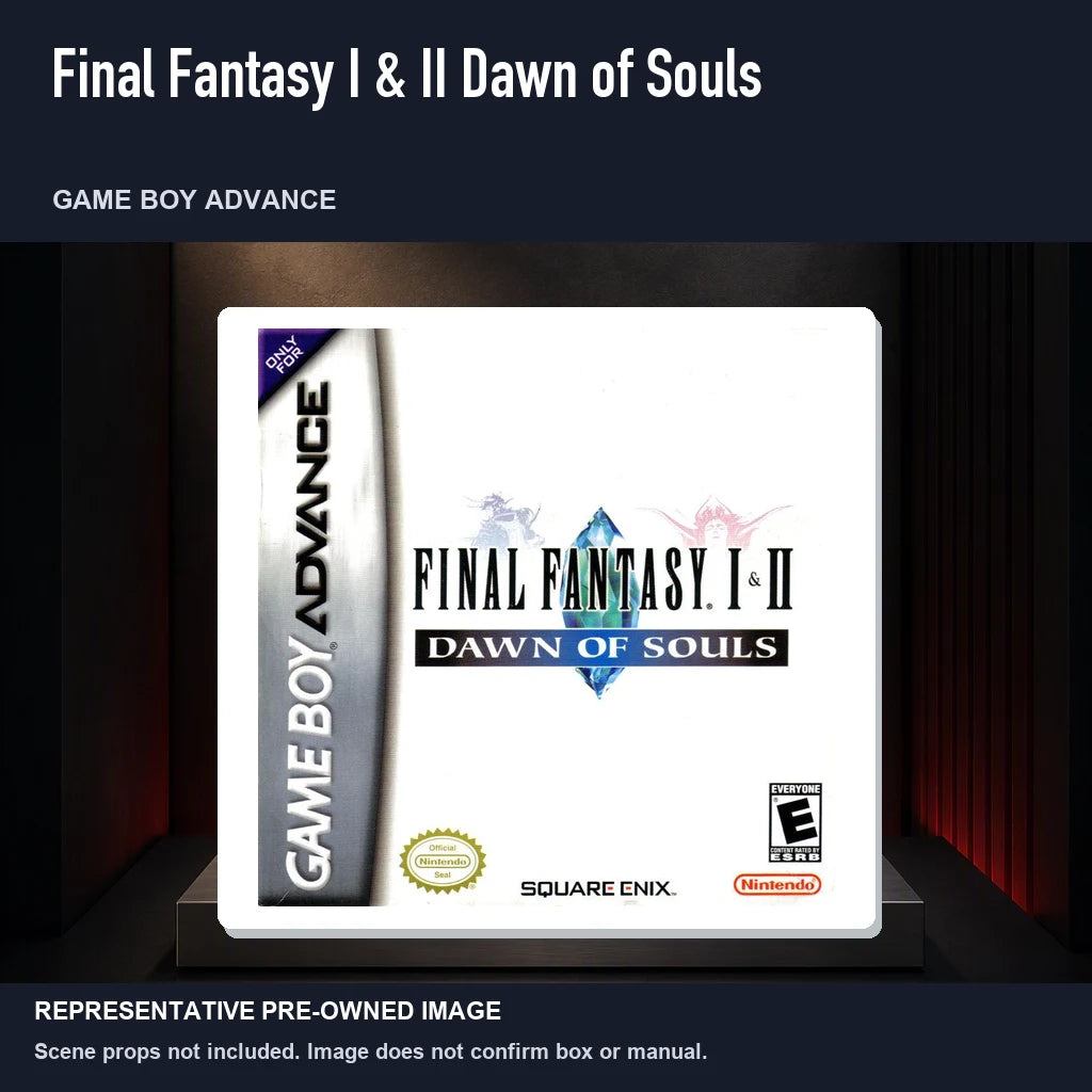 Representative pre-owned Final Fantasy I & II Dawn of Souls (Game Boy Advance), product image on a display panel.