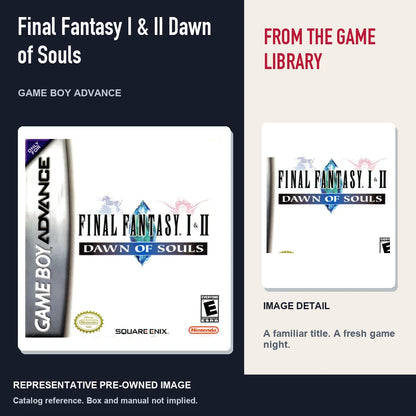Representative pre-owned Final Fantasy I & II Dawn of Souls (Game Boy Advance), editorial image and detail.
