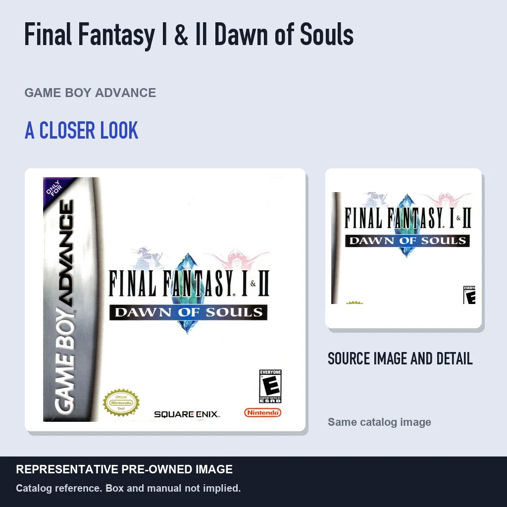 Representative pre-owned Final Fantasy I & II Dawn of Souls (Game Boy Advance), full image with detail inset.