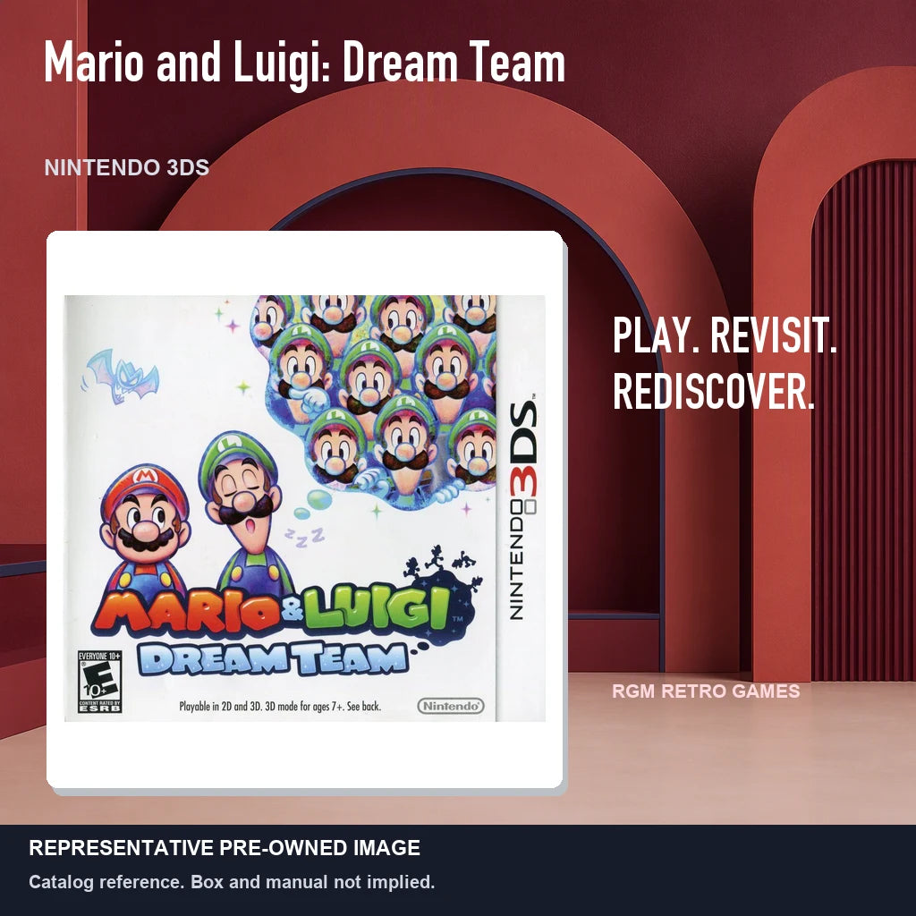 Representative pre-owned Mario and Luigi: Dream Team (Nintendo 3DS), red retro product layout.
