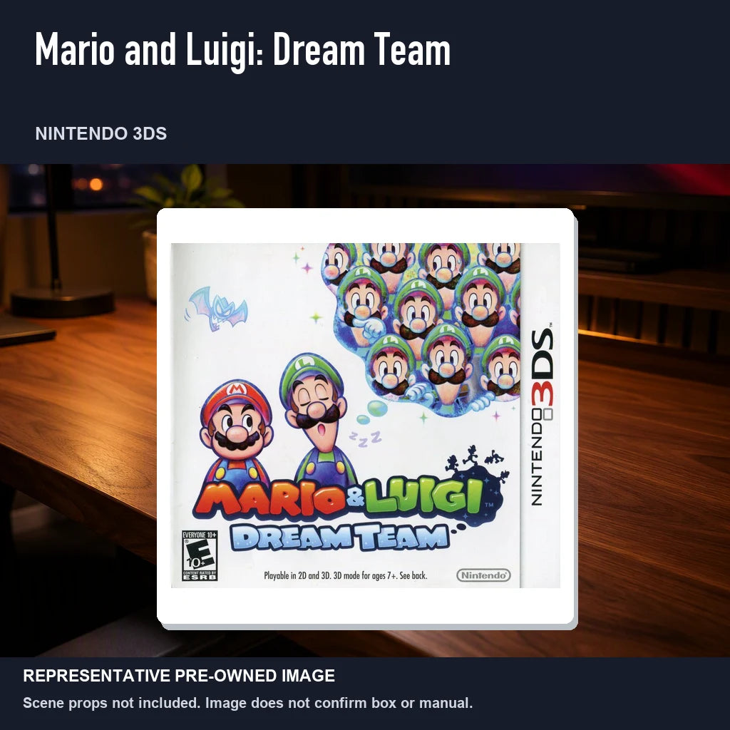 Representative pre-owned Mario and Luigi: Dream Team (Nintendo 3DS), product image in a styled desk scene.