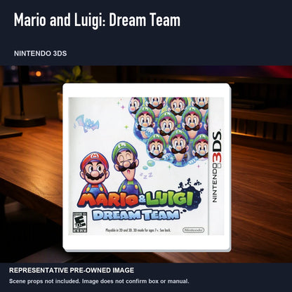 Representative pre-owned Mario and Luigi: Dream Team (Nintendo 3DS), product image in a styled desk scene.