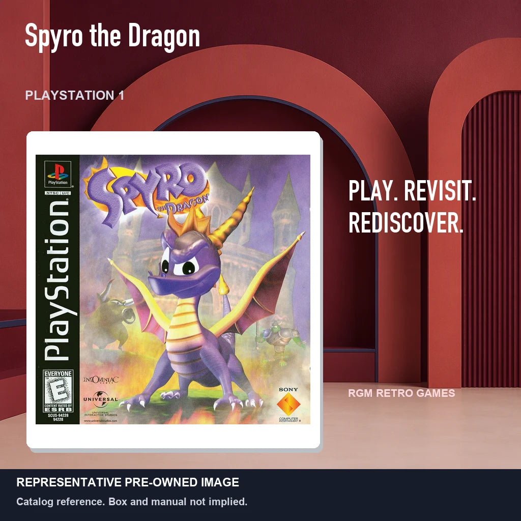 Representative pre-owned Spyro the Dragon (PlayStation 1), red retro product layout.