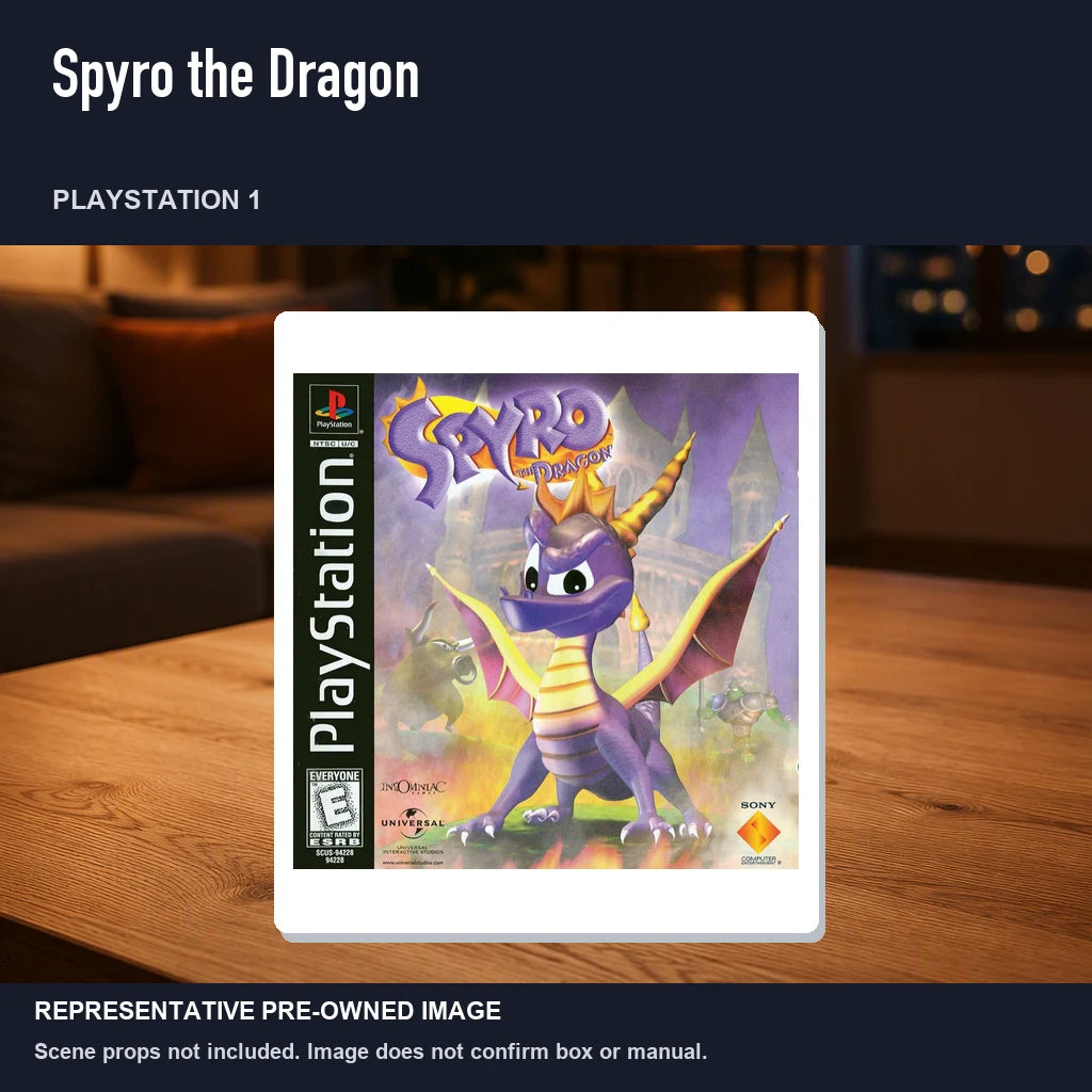Representative pre-owned Spyro the Dragon (PlayStation 1), product image in a styled room scene.