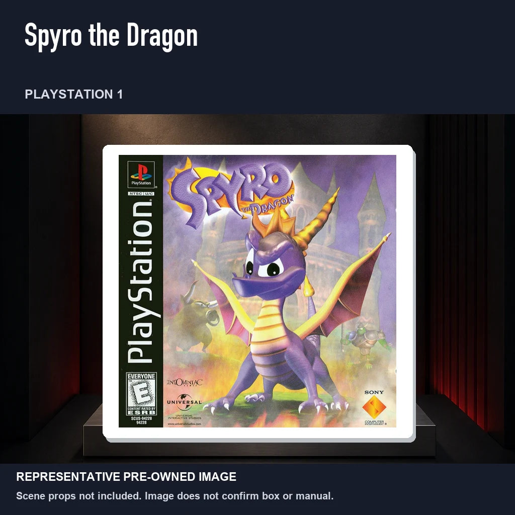 Representative pre-owned Spyro the Dragon (PlayStation 1), product image on a display panel.