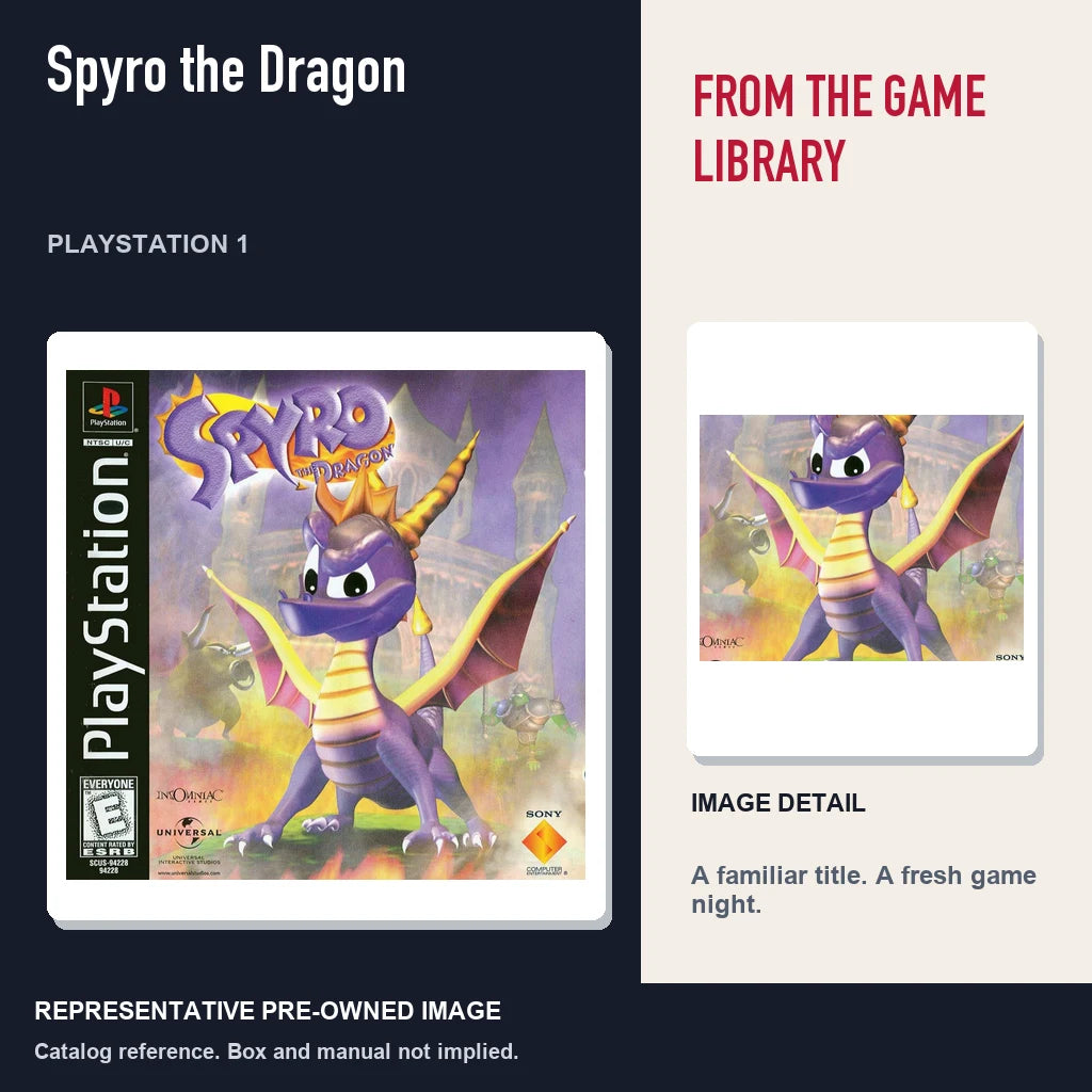 Representative pre-owned Spyro the Dragon (PlayStation 1), editorial image and detail.