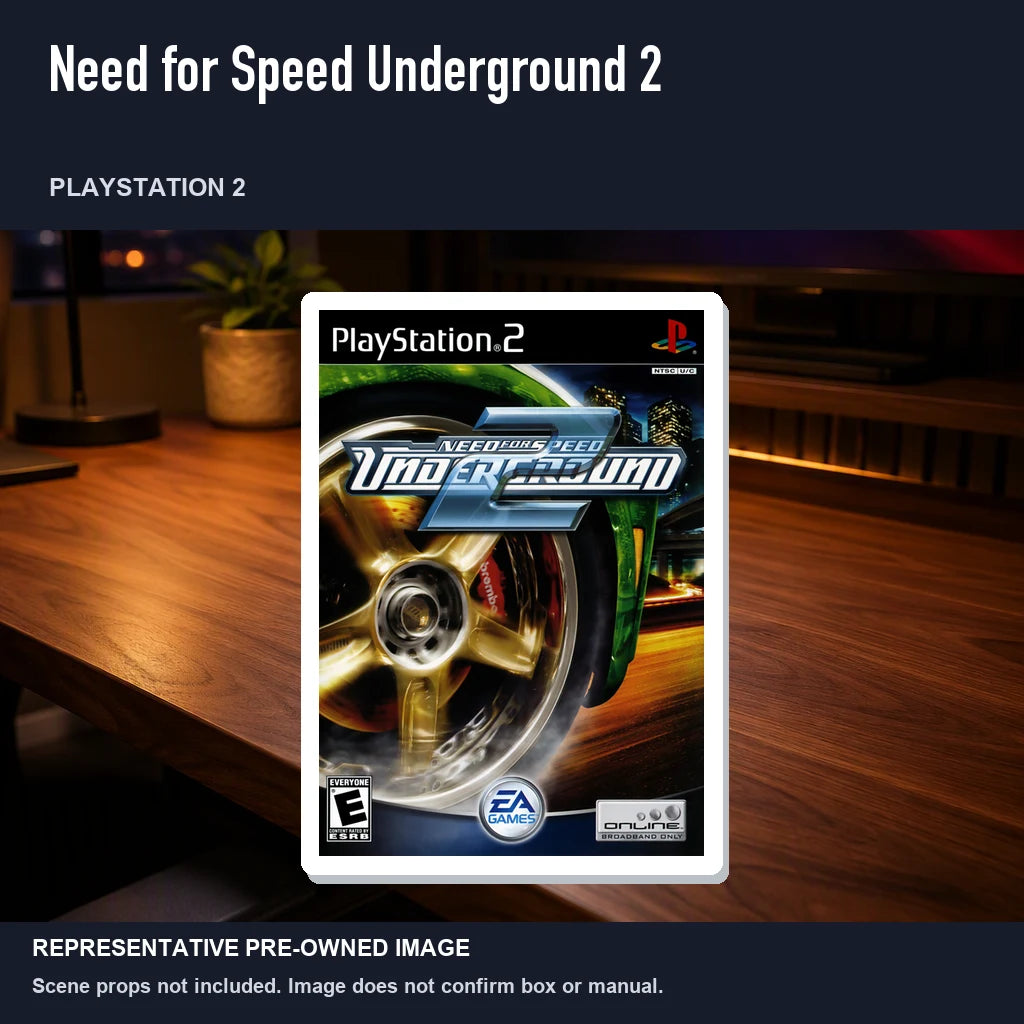 Representative pre-owned Need for Speed Underground 2 (PlayStation 2), product image in a styled desk scene.