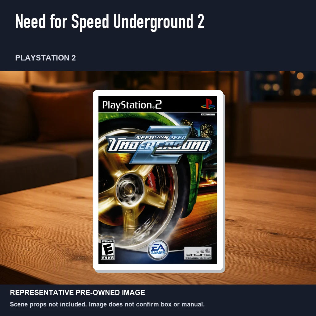 Representative pre-owned Need for Speed Underground 2 (PlayStation 2), product image in a styled room scene.