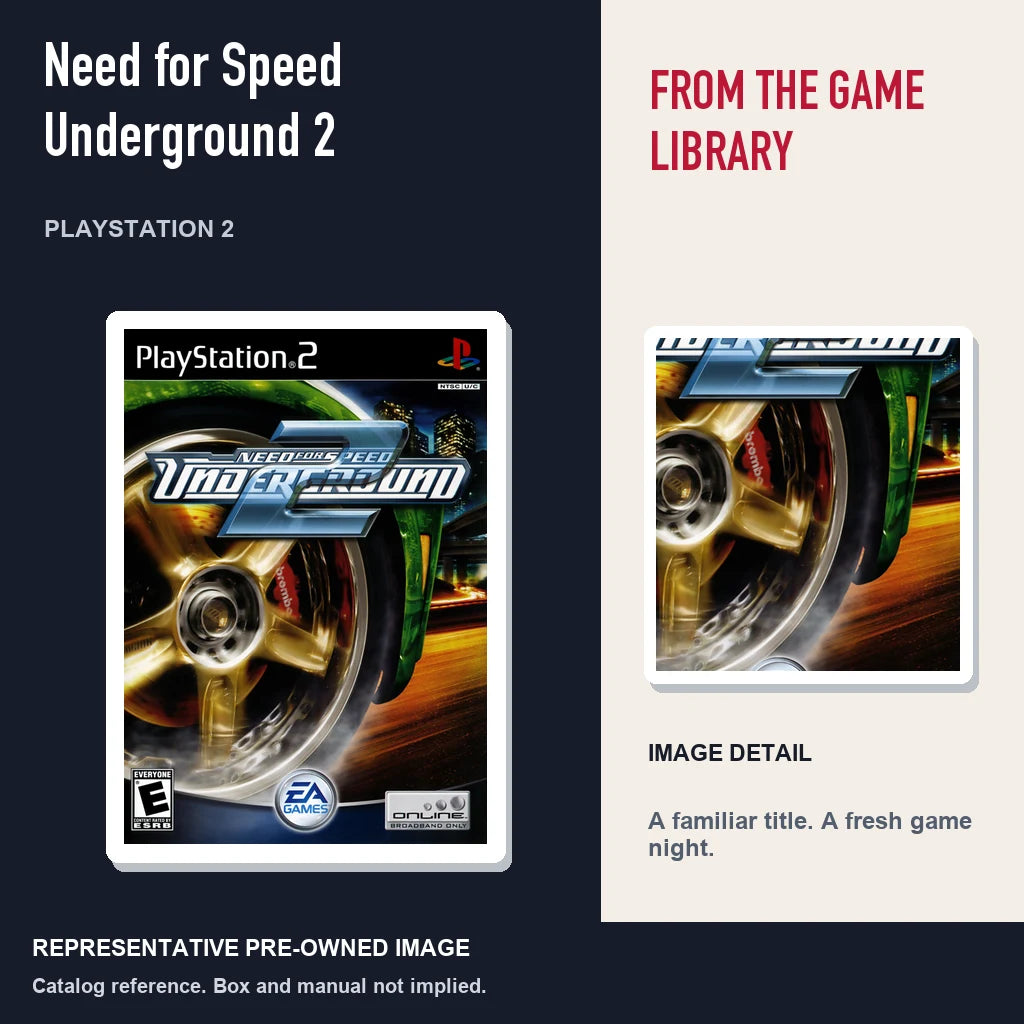 Representative pre-owned Need for Speed Underground 2 (PlayStation 2), editorial image and detail.