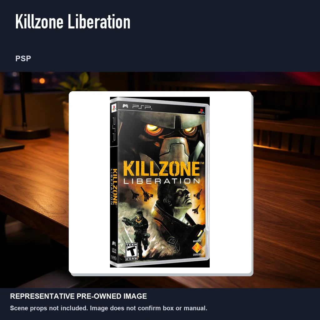 Representative pre-owned Killzone Liberation (PSP), product image in a styled desk scene.