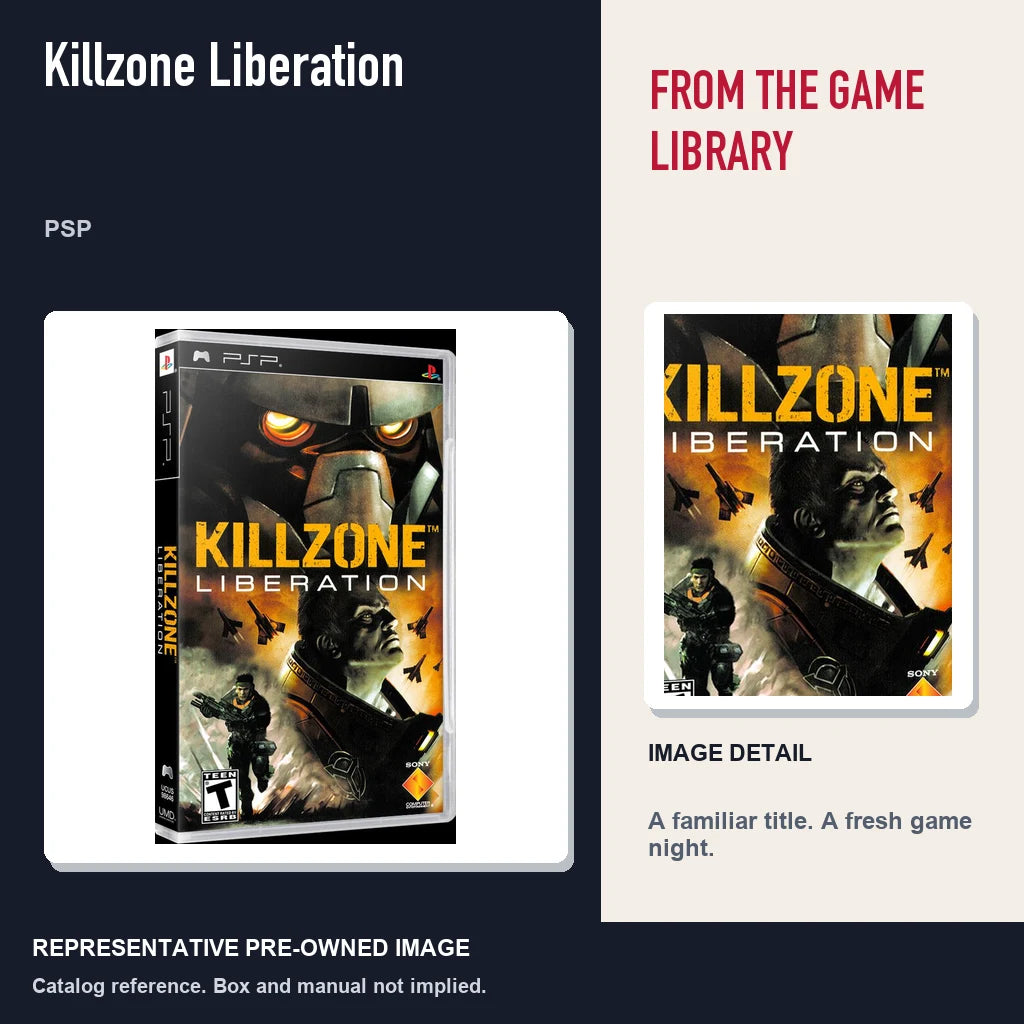 Representative pre-owned Killzone Liberation (PSP), editorial image and detail.