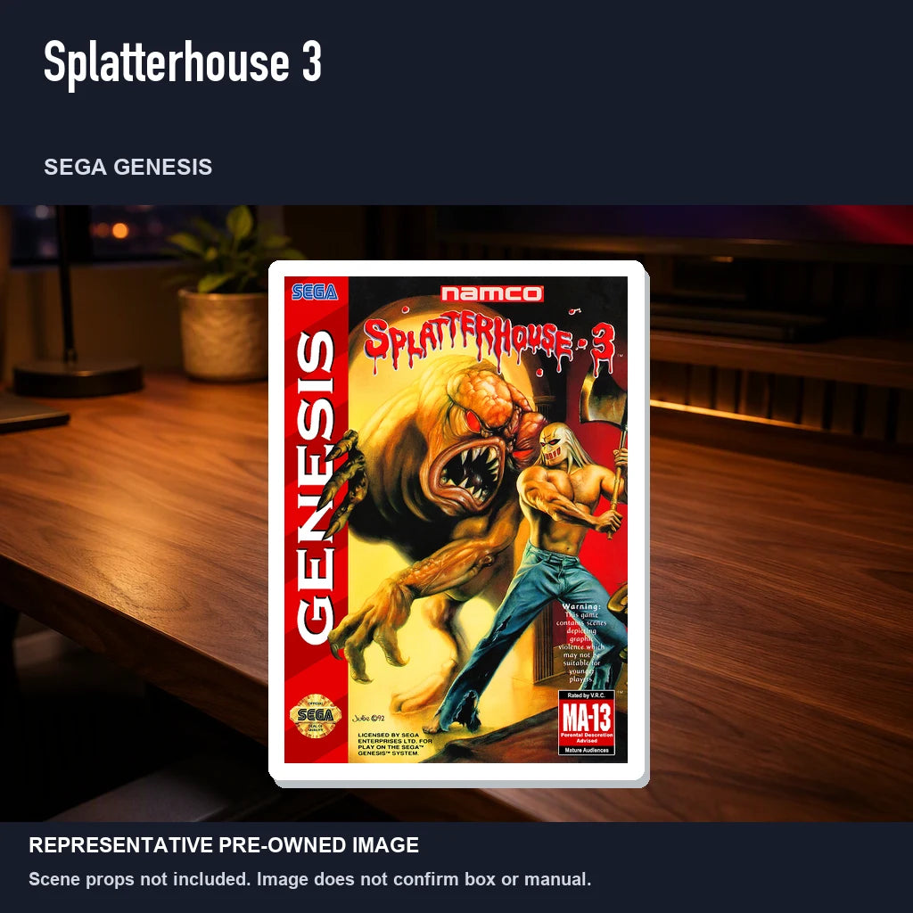 Representative pre-owned Splatterhouse 3 (Sega Genesis), product image in a styled desk scene.