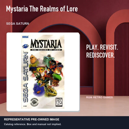 Representative pre-owned Mystaria The Realms of Lore (Sega Saturn), red retro product layout.