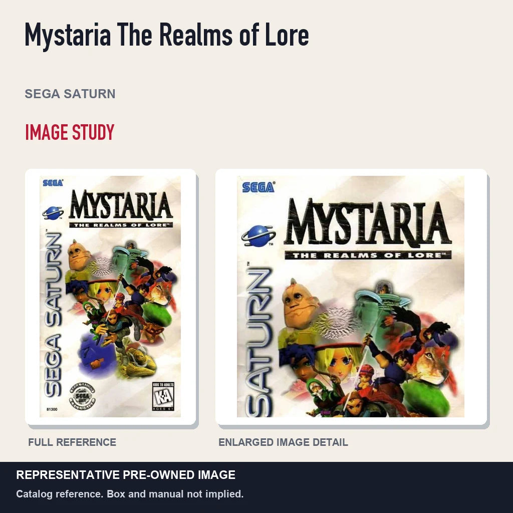 Representative pre-owned Mystaria The Realms of Lore (Sega Saturn), full image and detail.