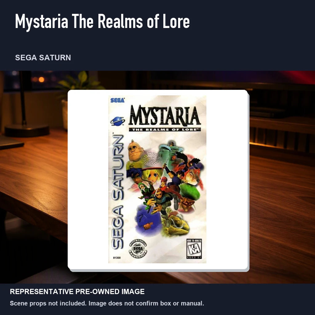 Representative pre-owned Mystaria The Realms of Lore (Sega Saturn), product image in a styled desk scene.