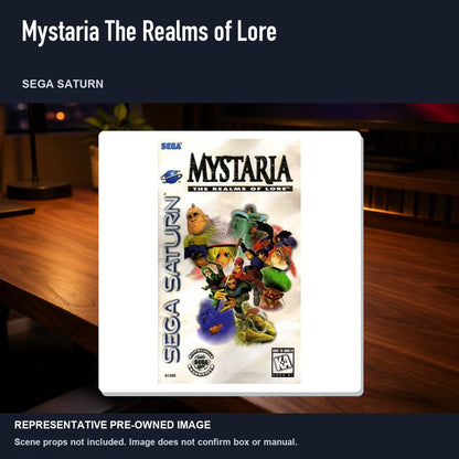 Representative pre-owned Mystaria The Realms of Lore (Sega Saturn), product image in a styled desk scene.