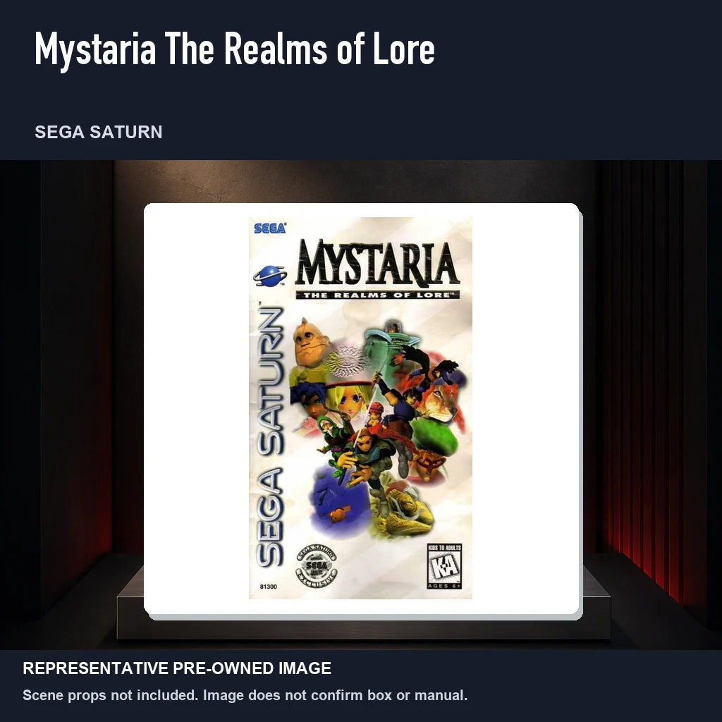 Representative pre-owned Mystaria The Realms of Lore (Sega Saturn), product image on a display panel.